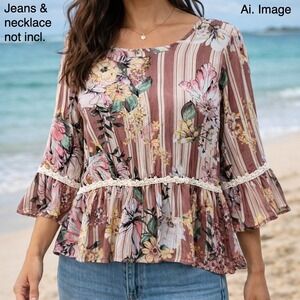 Melissa Paige Petite XL Floral Bell Sleeve Lace Peplum Top Cottagecore Peasant